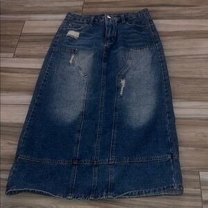 SHEIN Distressed Blue Denim Midi Skirt